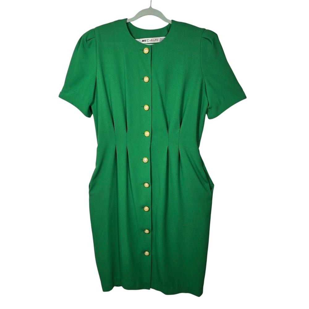 Ms Chaus Vintage 80s Kelly Green Button Front Sheath Dress Pearl Buttons Size 16